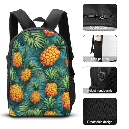 3 Pieces Backpack with Lunchbox Meal Bag Pencil Pouch Tropical Palm Leaves Pineapples 17 Inch Travel Daypack Insulated Lunch Bag Pen Holder Case3