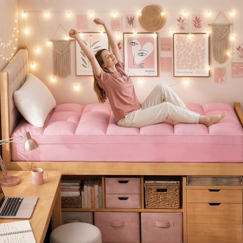Image of ELEMUSE Pink Twin XL Mattress Topper for College Dorm, Plush Pillow top | College dorm room essential for girls&guys, overfilled filling adds plush comfort, deep pocket design fits twin xl mattresses