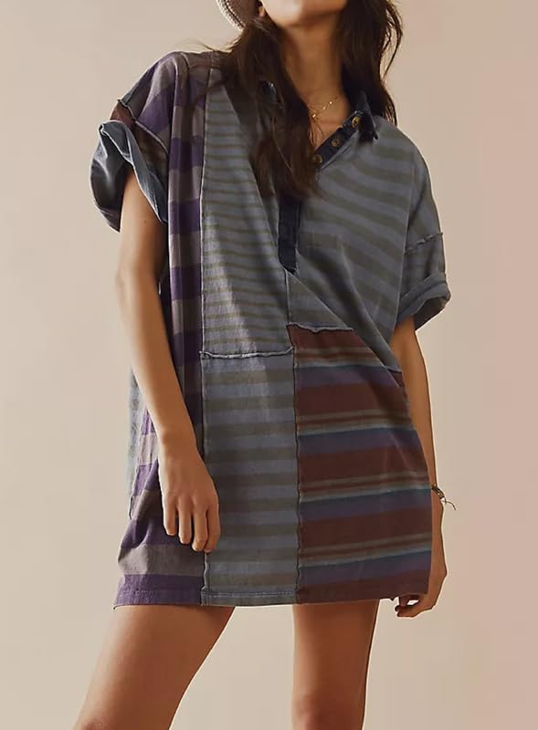 Image of NUFIWI Y2K Striped Shirt Mini Dress for Women Oversized Stripe Tunic Tshirt Dresses Short Sleeve Buttons Loose Fit Tee Dress, Small, Gray