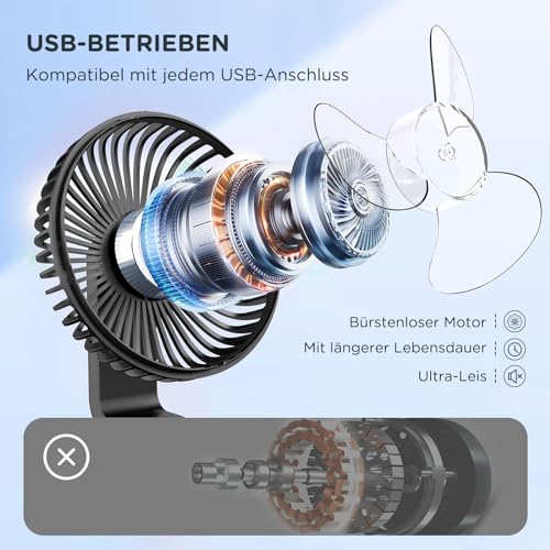 EasyAcc Tischventilator, 4000 Akku Batterie Klein USB Ventilator, Tragbarer Aufladbar Basis Ventilatoren mit 4 Geschwindigkeiten für Camp,Büro, Bibliothek und Zuhause - Schwarz