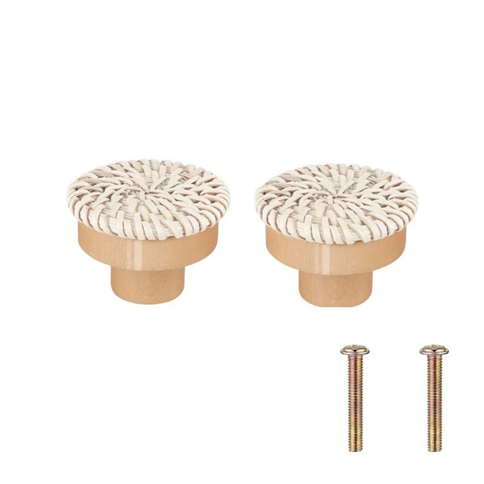UBOHUZ 2PCS Wooden Rattan Dresser Knobs Kit Round Decorative Furniture Pull Handles Multipurpose Woven Drawer Pulls for Bedside Tables for Cupboard, Wardrobe(White 2Pieces)