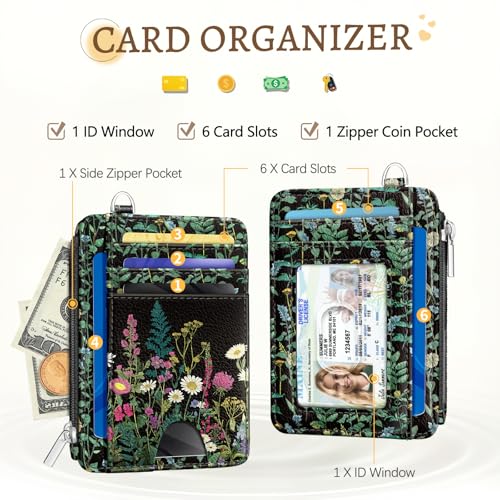 Image of Kelvoris Wildflower Credit Card Holder Small Wallet Women Flowers Slim RFID | Keychain, Zipper Coin Pocket, Front Pocket Thin Travel Card Case, Minimalist, 6 Card Slots, 1 ID Window, Ladies Gifts Woman