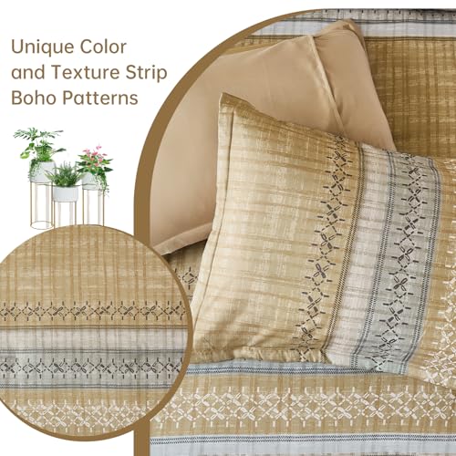 Image of Dintszyayue Khaki King Comforter Size Set, 8 Pieces Striped Boho Texture Bed in a Bag Sets, Lightweight Soft Bohemian Comforter and Sheet Set, All Season Microfiber Bedding Sets for Men Women