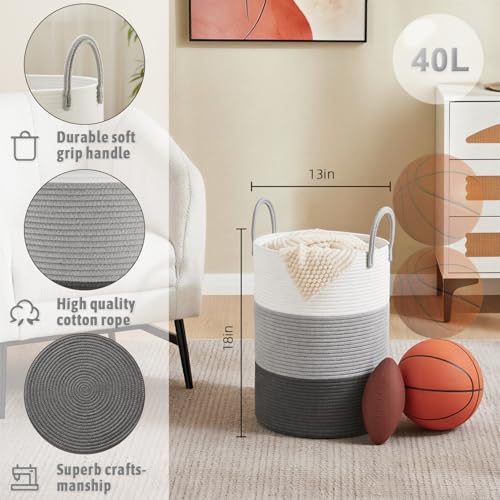 Image of Artfeel Laundry Basket,Woven Cotton Rope Laundry Hamper,40L for Decorative Storage of Dirty Clothes,Toys and Blankets in Bathroom,Bedroom and Living Room