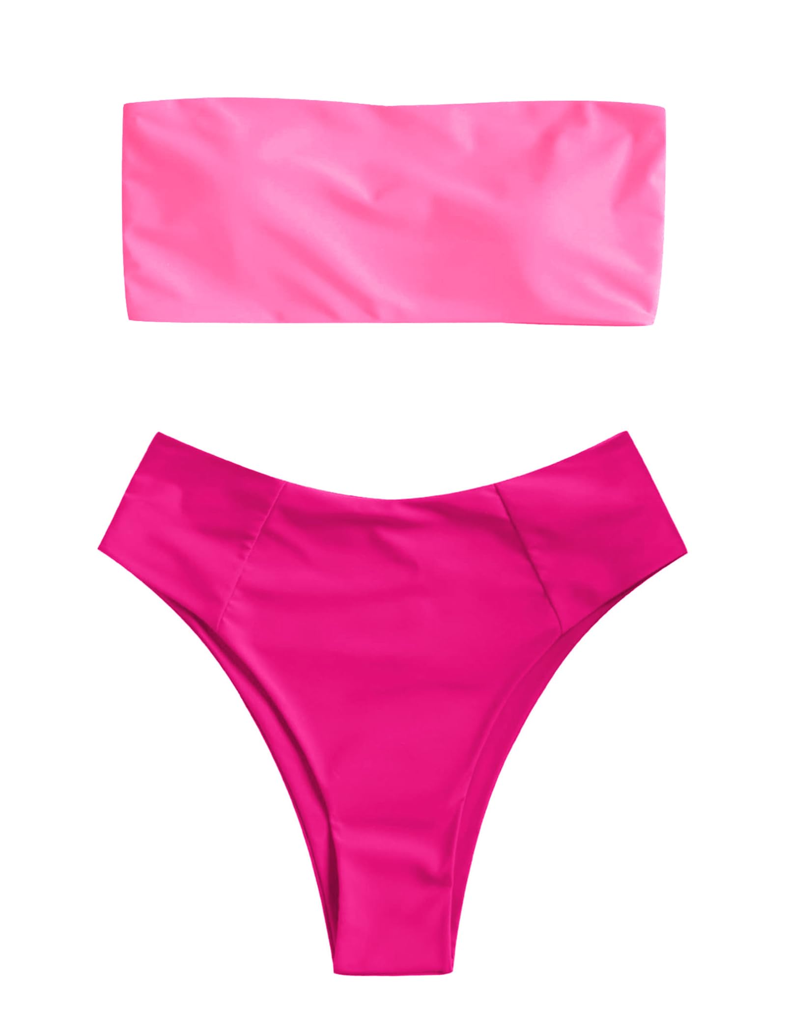 ZAFUL Women's High Cut Bandeau Bikini Set Strapless 2 Pieces Bathing Suit | Solid Color Swimsuit High-waisted Bikini Set