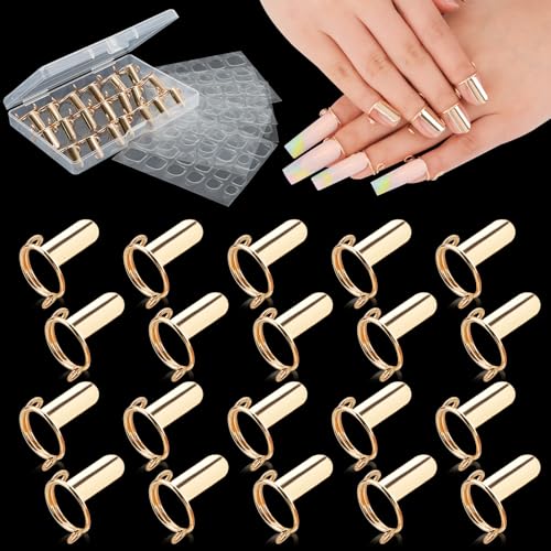 EBANKU 20PCS Wudu Nail Rings Updated Adjustable Detachable Reusable Women Gift Ring Set with 120PCS Adhesive Nail Tabs for Acrylic Nail Art Decoration Gold