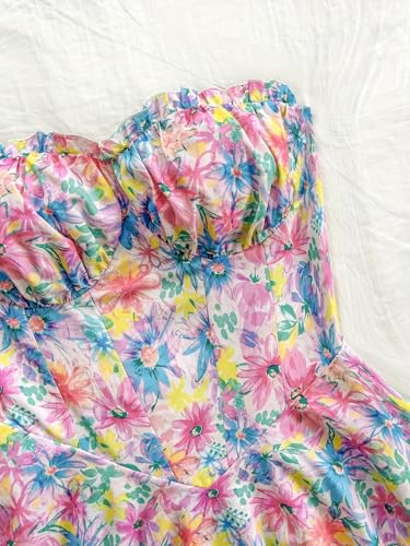 Floral Strapless Summer Dress, Smocked Bodice, Tiered Ruffle Skirt, Pink and Blue Watercolor Print4