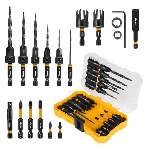 TOLESA Countersink Drill Bit Set, 18 PCS Tapered Counter Sink Drill Bit for Wood with 2PC Wood Plug Cutters, Magnetic Extension Bit Holder, Screwdriver Bits, 1/4" Hex Shank with Storage Box