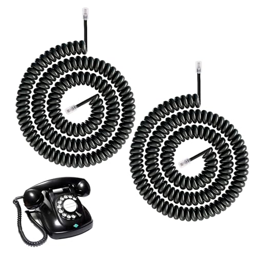 JCSJK 3 Meters telephones landline Handset cable, RJ9/RJ10/RJ22 4P4C Coiled House Phones Extension Wire Curly Spring Cord for Home BT Landline Voip Phone Black, 2PCS