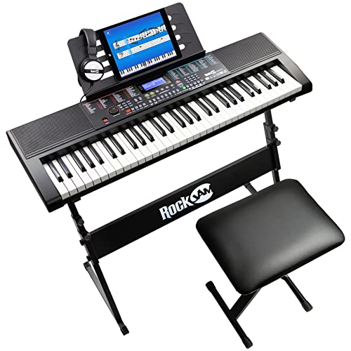 RockJam Piano à 61 touches avec kit de pitch bend, support de clavier, banc de piano, casque, application Simply Piano et autocollants Keynote, noir - Les Beatles, Paul McCartney, John Lennon, RIngo Starr, George Harrison RockJam Piano à 61 touches avec kit de pitch bend, support de clavier, banc de piano, casque, application Simply Piano et autocollants Keynote, noir