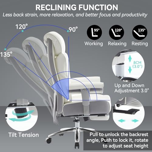 Image of Efomao Big and Tall Office Chair with Footrest, 450lbs High Back Executive Chair with Spring Cushion, PU Leather Upholstery, Padded Armrests, Swivel Base, and Rolling Wheels - White Computer Chair