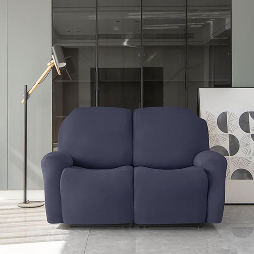 Funda elástica suave para silla reclinable, antideslizante, protector de sofá con bolsillos laterales, protector de muebles para sillas reclinables (azul marino, 2 plazas)