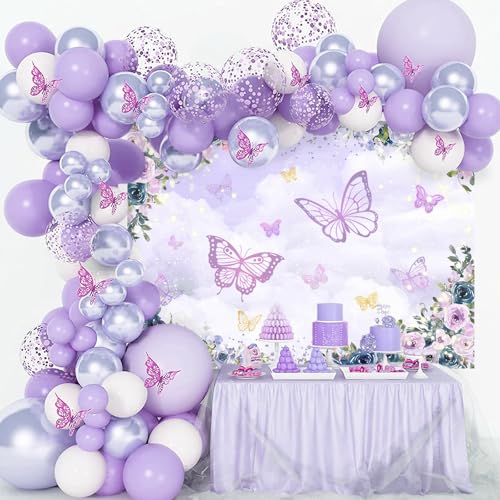 Mocsicka fondo violeta mariposa 7x5ft para fiestas miniatura 3