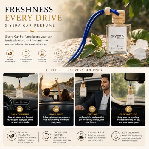 Image of SiYERA Hanging Car Perfume with Essential Oils | Car Air Freshener 10ml | Long-Lasting Aroma in Glass Bottle with Wooden Diffuser Lid (Camphor)