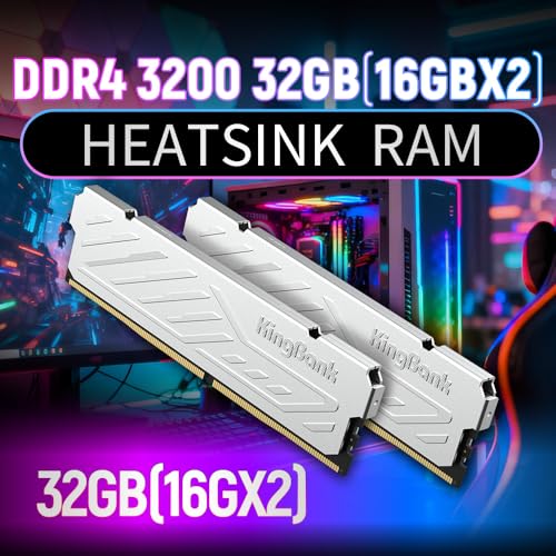 Image of KingBank Computer Desktop Memory Ram DDR4 32GB(2x16GB) 3200MHZ CL16 1.35V XMP2.0 Overclocking with Heatsink for PC Gaming /Office /PS,Silver
