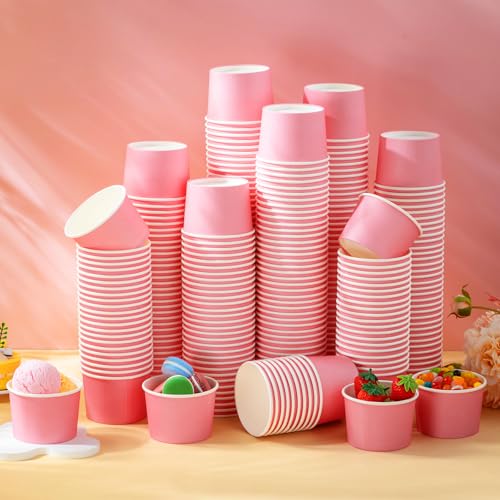 Image of Nuenen 300 Pcs 8 oz Summer Ice Cream Paper Cups Bulk Disposable Dessert Cups Solid Color Paper Dessert Bowls for Snack Sundae Spring Party Favors Ice Cream Bar Supplies (Pink)