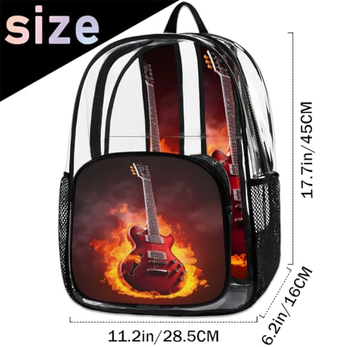 Clear Backpack Flame Guitar Clear Bag Heavy Duty PVC Backpack Transparent Backpack for Travel, Work, Security, Music Clear Bags for Women Men,17.7inch2