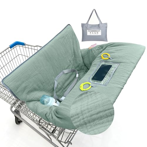 BeBeJoJo Muslin Shopping Cart Cover for Baby Soft & Breathable High Chair Covers for Restaurant Seat Grocery Cart Cover with Storage Pocket Machine Washable for Infant Toddler Boy Girl,Sage Green