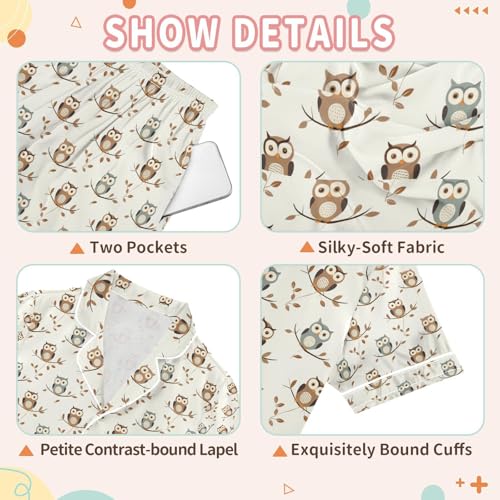 senya Many Cute Owl Satin Summer Pajama Sets Silk Short Sleeve Button Down Sleepwear3