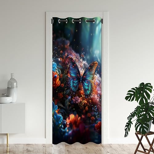 Butterfly Door Curtains for Doorways, Flower Enchanted Colorful Magic Fantasy Blackout Curtain for Kids Bedroom Closet, Grommet Thermal Insulated Privacy Door Drapes for Room Divider, 52