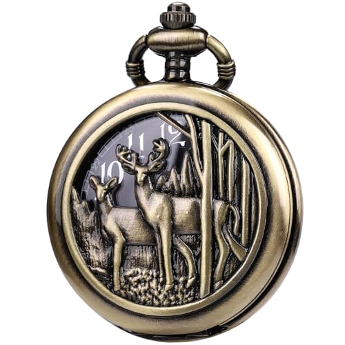 Image of SIBOSUN Pocket Watch with Chain Oversized 50MM 1.96 Inch Deer Reindeer Woodland Men Vintage Box Quartz Pocket Watches Analog