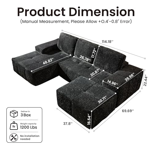 Image of 114 inch Glitter Cloud Sectional Couch with L-Shape Chaise & Ottoman, Modern Boneless Couches for Living Room, Fluffy Tufted Deep Seat Modular Sofa No Assembly (Gray Sparkly Velvet,Left Facing)