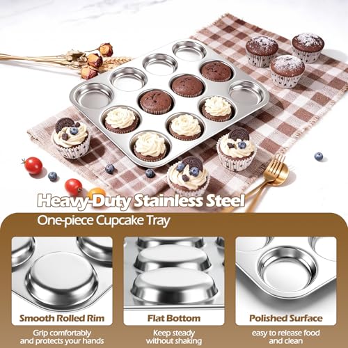 Onader Muffin Tin 12 Cup, Stainless Steel Shallow Yorkshire Pudding Tray, Great for Baking Mince Pie, Brownies, Egg Tart and Biscuit, Non-Toxic & Heavy Duty, Oven & Dishwasher Safe - Image 4