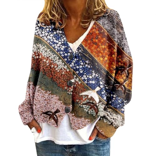 Cardigan Sweaters for Women Fall Casual Floral Printed Long Sleeve Button V-Neck Open Front Lightweight Loose Outwear