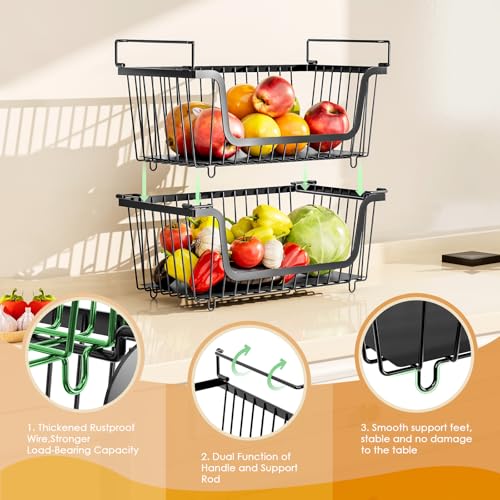 4 Pcs Stackable Wire Baskets for Pantry Organizers and Storage,Kitchen Storage Metal Baskets,Produce Potato Onion Storage Bin,Vegetable Fruit Basket for Countertop,Black - image 3
