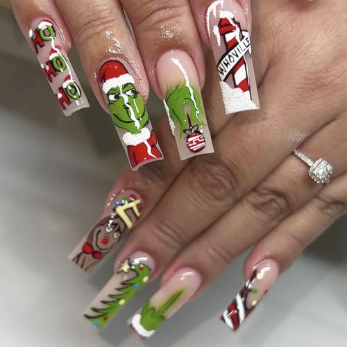 24Pcs Christmas Press on Nails Long Square Fake Nails Christmas Tree Cute Green Monster False Nails with Designs Glossy Nude Pink Acrylic False Nails Winter Christmas Glue on Nails for Women Manicure
