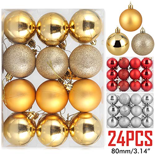 Bolas de Navidad ZOGIN 24 unidades, inastillables comerciales, para decoración de árbol de Navidad, para vacaciones, bodas, fiestas, decoración de regalos, dorado, 8 cm