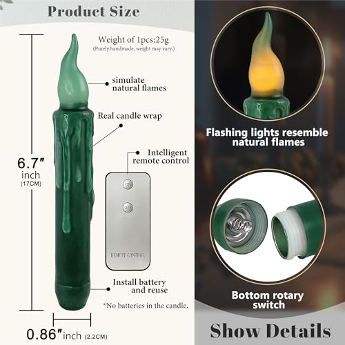 Image of Green Flameless Candle Taper Candlesticks, 4pcs LED Tapered Dipped Candles 6inch Battery Powered Chandelier Remote Candle Sticks for Christmas Vigil Harry Potter (30-Dark Green)