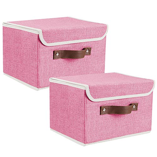 Lucky Monet Storage Bins Boxes with Lids 2 Pack Decorative Storage Boxes Collapsible Fabric Storage Basket Containers Lidded Storage Cube for Organizing Closet Home Office, 10″x 8″x 7″ (Pink)