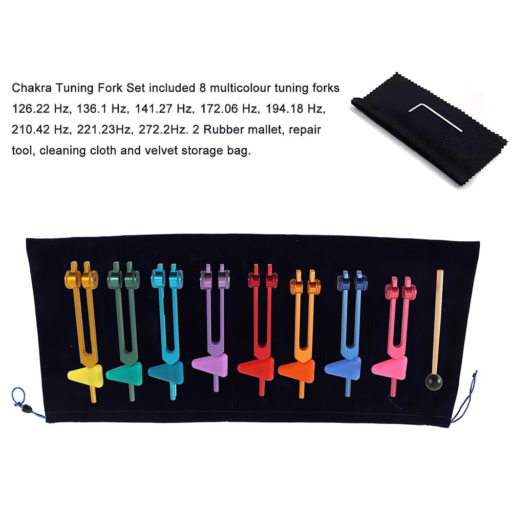 NEWFUN Stimmgabel,Stimmgabel Neurologie,8er Set mit Sockel + 1 Silikonhämmer und Reinigungstücher für Klangtherapie Gewichtete Stimmgabel Geeignet für Meditation, Anti-Kompression
