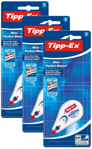 Tipp-Ex Mini Pocket Mouse - Cinta correctora (6 m x 5 mm, ideal para la oficina en casa, la escuela o la oficina, 3 unidades)