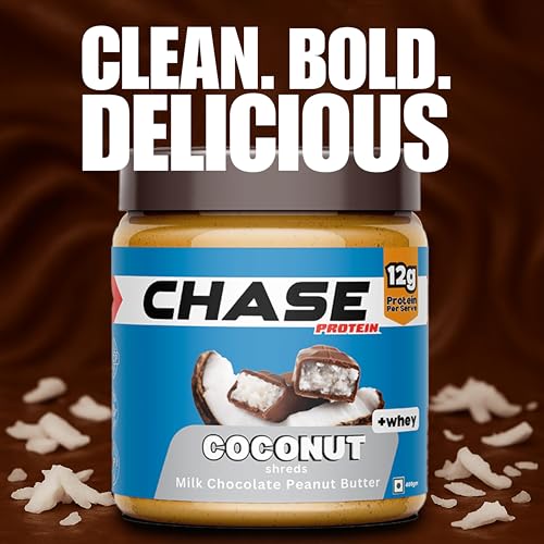 Image of Chase High Protein Peanut Butter Creamy 400g | With Isolate Whey & 120g Protein in Jar | 12g Per Serve | Milk Chocolate Coconut Flavour with Coconut Shreds | Nut Butter for Breakfast, Fitness & Gym