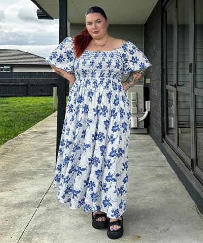 Image of RITERA Plus Size Dresses for Curvy Women Square Neck Short Sleeve Summer Floral Smocked Maxi Dress with Pocket XL-5XL