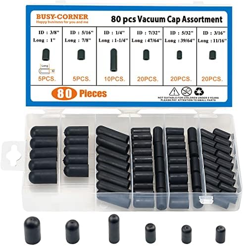 BUSY-CORNER 80 Pieces Vacuum Cap Assortment, Rubber, Dropper ID from 5/32" to 3/8" Sizes, Hose Caps Kit for Carburetor, Manifold (Black)