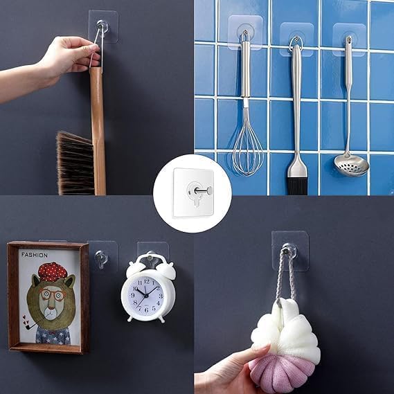 Image of KASHIVAL Self Adhesive Wall Hooks Pack of 20 Pieces 10 Flat + 10 Hanging | Stainless Steel Hooks Transparent PVC| No Drill Waterproof Hooks for Bathroom Kitchen (20 Flat Hook with Thread)