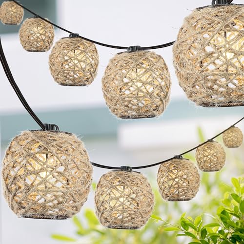 JONATHAN Y 10' 10-Light Rustic Coastal LED String Lights, Light Brown Hemp Rope Shaded Globe Lights for Indoor Outdoor Patio Porch, Bohemian Decor, LED Bulbs Included JYL8710A by JONATHAN Y - Image 3