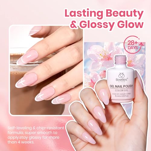 Image of Beetles Milky Pink Gel Nail Polish - Sakura Pudding 15ML Nude Pink Gel Nail Polish Base Color Nail Concealer Sheer Translucent Nail Polish Soak Off UV French Nail Art Salon DIY at Home Gift for Women