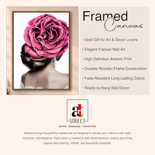 Image of Modern Floral Portrait Framed Canvas Painting For Living Room | Abstract Woman Rose Wall Art For Livingroom Wall Decor, Home Decor, Bedroom, Hallway's, Office, Hotel - 43x58 cm