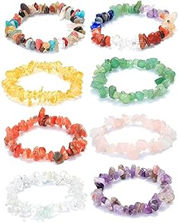 7 Chakra Natural Gemstone Beads Bracelet 8PCS Healing Crystal Bracelets 7 Chakra Irregular Gemstone Bracelets Crystal Chip Stretch Bracelet for Anxiety Relief Meditation Yoga