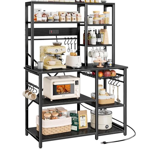 Image of SUPERJARE Large Bakers Rack with Power Outlets, 6-Tier Microwave Stand, Coffee Bar with 12 S-Shaped Hooks, Kitchen Shelf with Wire Basket, 39.4 x 14.6 x 66.9 Inches, Black