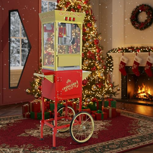 Image of Large Popcorn Machine with Cart: 12 Oz Vintage Commercial Popcorn with Foldable Stand Makes Up to 48 Cups, 3 Serving Cups, Measuring Cups & a Scoop for Home Party Office, Red