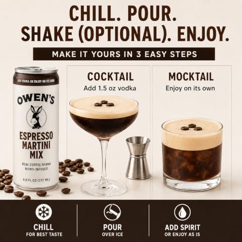 Image of Owen's Premium Non-Alcoholic Sparkling Cocktail and Mocktail Mixer, Drink Mixer for Cocktails, Mocktails, and Party Beverage, 24 Pack of 8.2 fl oz Cans (Espresso Martini Mix)