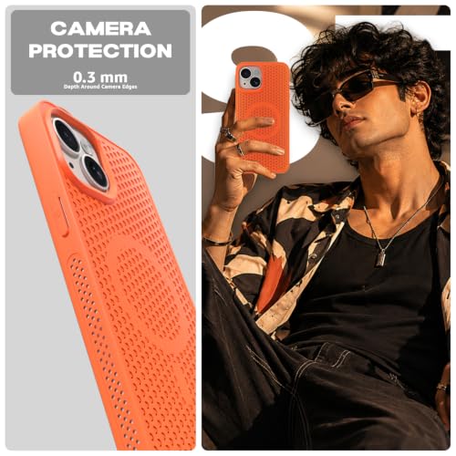 Image of Pikkme Back Cover for iPhone 15 Plus | Honeycomb Cooling Design | Silicone Heat Dissipation | Mag-Safe Compatible | Shockproof Camera Protection Bumper Case (Orange)