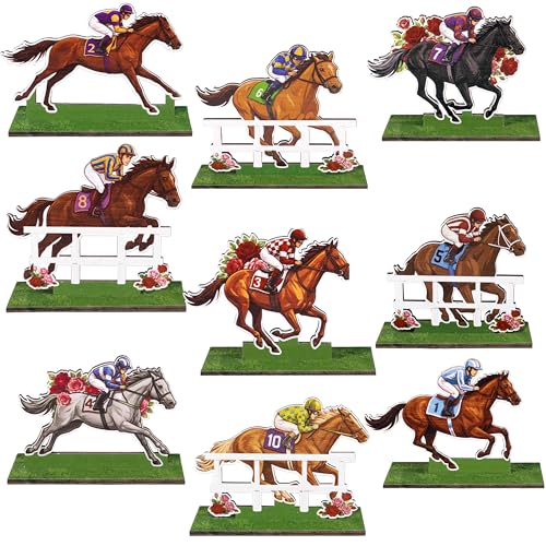 Tieshankao 9Pcs Kentucky Horse Racing Decorations Wood 3D Tiered Tray Signs Derby Decor Retro Table Centerpieces for Party Home Office