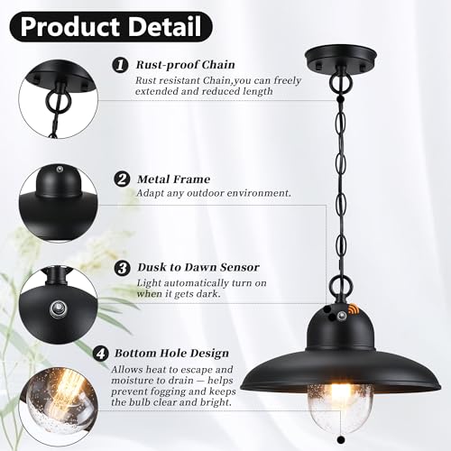 Image of Solar Outdoor Pendant Lights with Adjustable Chain and Bubble Glass | Max 59 inch Adjustable, Die-cast Aluminum, Dusk to Dawn, Waterproof, Rust-resistant, Fits Sloped Ceilings, Hardwired, E26 Base