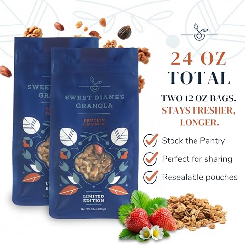Image of Sweet Diane's Organic Granola - Protein Crunch | 2-Pack (10 oz Each) | High Protein, Vegan, Gluten-Free, Low Sugar | Oats, Nuts, Seeds, Quinoa & Strawberries